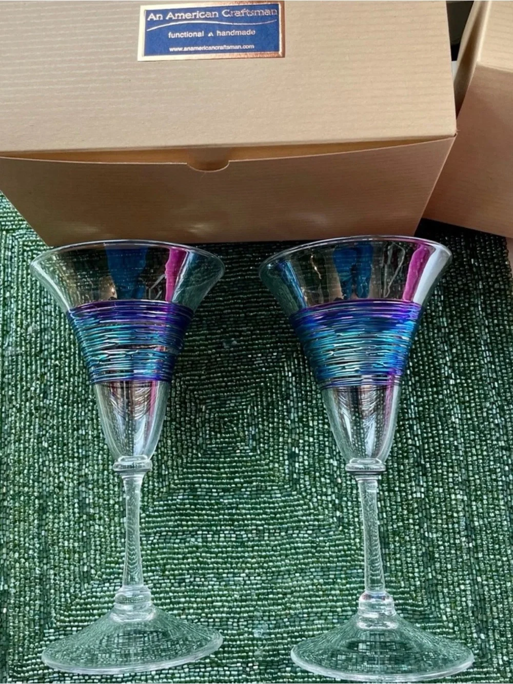 Venetian Wine Glass, Rainbow spun by An American Craftsman, MINH -Set of 2 NIB